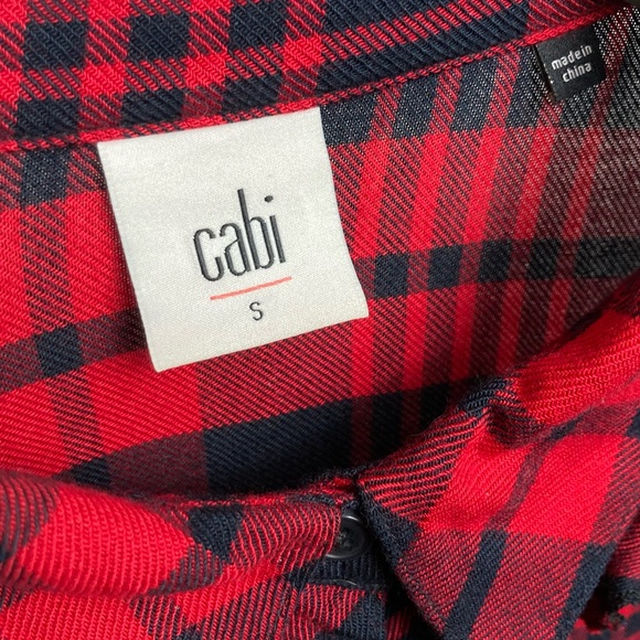 CAbi Lodge Blouse Ruffle Buffalo Plaid Red Black sz Small - Picture 3 of 5